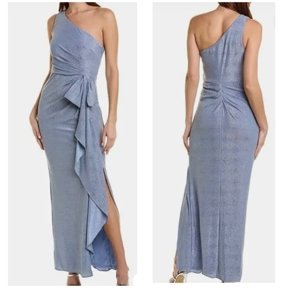 Adrianna Papell Women's Blue One Shoulder Metallic Gown Dress Size 6 Ruched Back